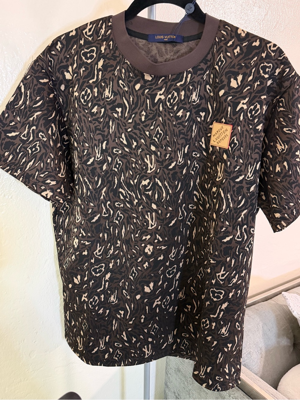 Leopard-Pattern Knit Crewneck with Patch